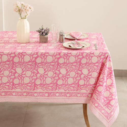 Labhanshi Floral Hand Block Print Cotton Tablecloth, Hot Pink, 72x108 - color: Hot Pink, size: 108" x 72" (Rectangular)