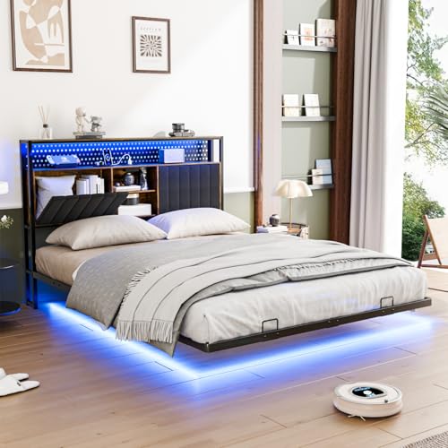 VINGLI Queen Size Floating Bed Frame with LED Lights and Charging Station, Cozy Hidden Storage Velvet Upholstered Bookcase Headboard,No Box Spring Needed,Easy Assembly,Black - color: Industrial Brown, size: Queen