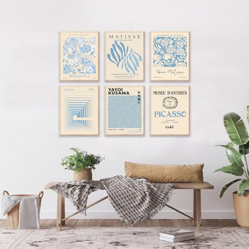Matisse Wall Art Prints Set of 6 - Abstract Blue Exhibition Posters, Modern Flower Market Yayoi Kusama Picasso Mix Gallery Wall Art, Boho Canvas Paintings for Aesthetic - color: Blue Matisse Wall Prints, size: 8x10 inch