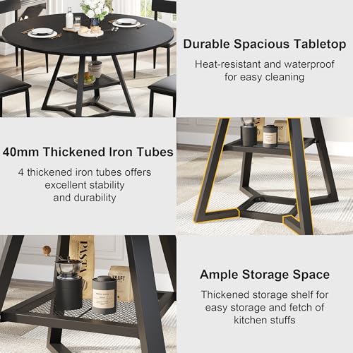 knoworld 51'' Round Dining Table, Kitchen Tables Dining Room Circle Dinner Table with Pedestal Metal Frame, Space Saving Wood Industrial Kitchen & Dining Room Tables, Black 51In - color: Black, size: 51In