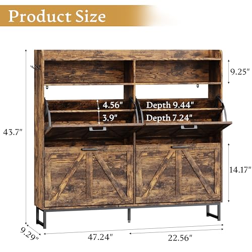 Shoe Cabinet Storage for Entryway, Shoe Storage Cabinet with 4 Flip Drawers, Freestanding Narrow Shoe Rack Organizer with Metal Legs, Adjustable Shelves & Open Storage for Foyer, Hallway, Brown - color: Brown, style: 4 Drawers