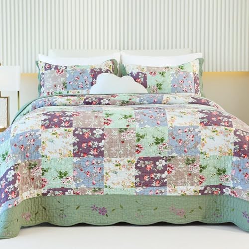 EVENHUG 100% Cotton Quilt Set King Size Floral Patchwork Bedding Sets with Pillow Shams Breathable Lightweight Bedspreads Coverlet for All Season 3 Piece (106"x96") - color: Sage Green, size: King