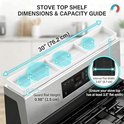 AWOKE Stove Top Shelf 30 Inch - Silicone Material Magnetic Shelf for The Stove - 3 Functional Partitions Kitchen Spice Rack Organizer - White - color: White