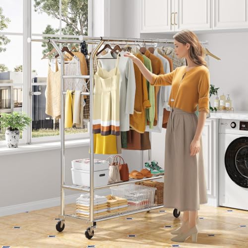 Simple Trending Heavy Duty Clothing Clothes Rack for Hanging, Rolling Double Rod Garment Rack Organizer with Wheels Load 620 LBS, Chrome - size: Double Shelves