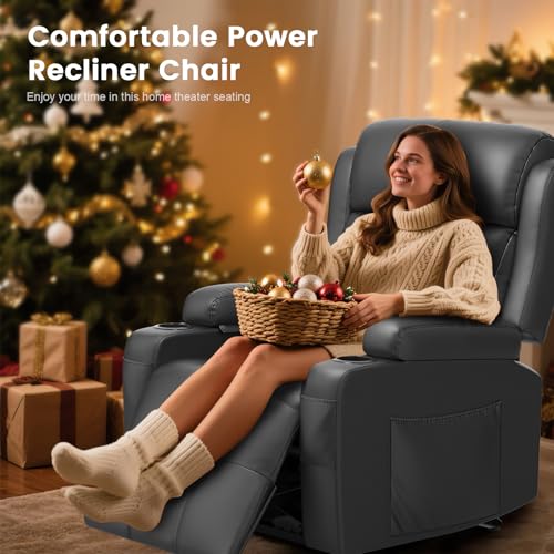 Home Theater Seating, Power Recliner Sofa Single Chair with Massage & Heat | Wall Hugger Reclining Single Chairs with USB, RV Furniture with LED Lights, Cup Holders for Movie Theater, Gaming Room - color: Dark Gray, size: 34" - 1 Seat