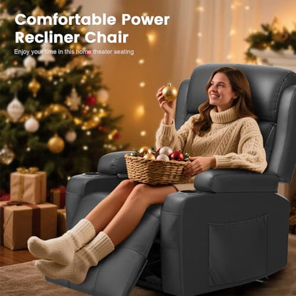 Home Theater Seating, Power Recliner Sofa Single Chair with Massage & Heat | Wall Hugger Reclining Single Chairs with USB, RV Furniture with LED Lights, Cup Holders for Movie Theater, Gaming Room - color: Dark Gray, size: 34" - 1 Seat