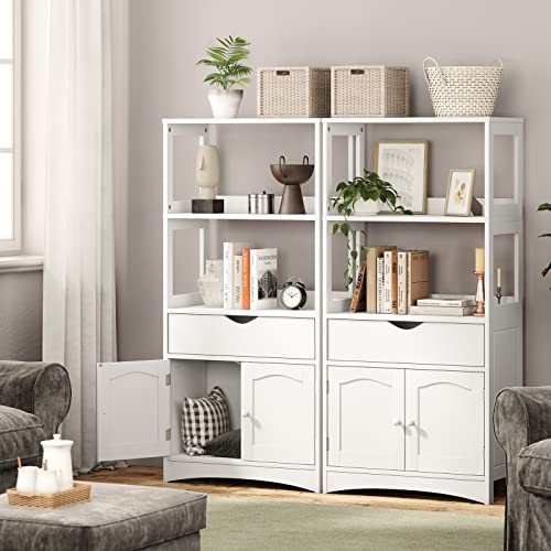 DICTAC Kitchen Pantry Storage Cabinets with Shelves,Drawer and Doors,Microwave Cart with Storage,Freestanding Floor Sideboard Cabinet with Microwave Space,Bookshelf,Display Unit for Home,White - size: 23.62x13x48.03inch