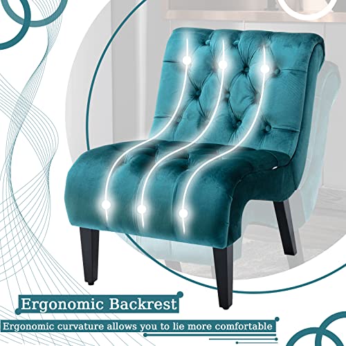 Comfy Velvet Armless Accent Chair, Teal, Upholstered with Durable Solid Wood Frame and Adjustable Cushions, Easy Assembly | Modern Small Lounger for Living Room, Upholstered Reading Chaise Lounge with Solid Rubber Wood Legs, Teal - color: Teal, size: Set
