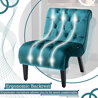 Comfy Velvet Armless Accent Chair, Teal, Upholstered with Durable Solid Wood Frame and Adjustable Cushions, Easy Assembly | Modern Small Lounger for Living Room, Upholstered Reading Chaise Lounge with Solid Rubber Wood Legs, Teal - color: Teal, size: Set