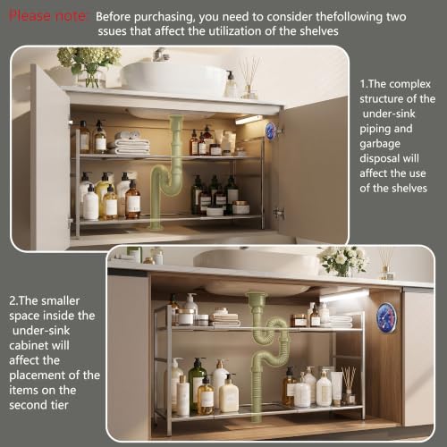 Under-Sink Organizer 2-Tier Expandable Cabinet Storage (10 panels) | LED Motion-Sensing Auxiliary Lighting Dial Thermometer Stainless Steel Telescopic & Adjustable Rust-Resistant - size: 10 panels