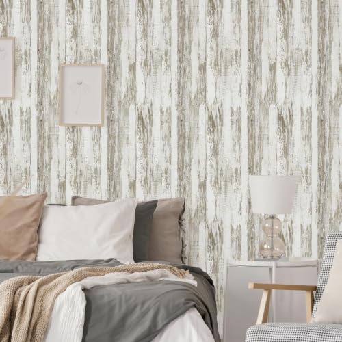 WENMER White and Brown Rustic Wood Grain Wallpaper, 17.3" x 157", Peel and Stick, Waterproof, Multi-Surface Use - size: 197" x 17.3"