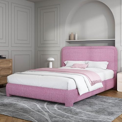 BarnFurin Full Bed Frame, Cloud Boucle Headboard, Low Profile, Rose Pink | Soft boucle and rounded edges create a low-profile cloud look. Wooden slats support the mattress without a box spring - color: Rose Pink, size: Full