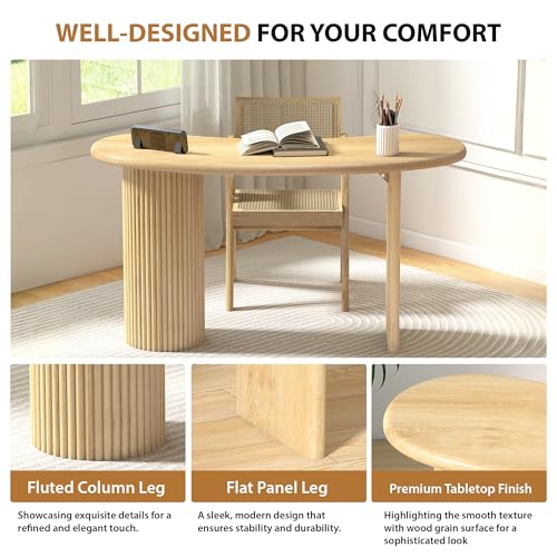 LEVNARY 54.3" Curved Small Computer Desk, Wooden Executive Desk with Sturdy Fluted Legs, Modern Luxury Corner Single Writing Vanity Desk for Bedroom Living Room Home Office (Natural)