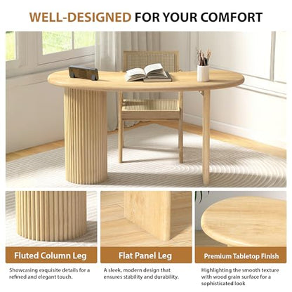 LEVNARY 54.3" Curved Small Computer Desk, Wooden Executive Desk with Sturdy Fluted Legs, Modern Luxury Corner Single Writing Vanity Desk for Bedroom Living Room Home Office (Natural)