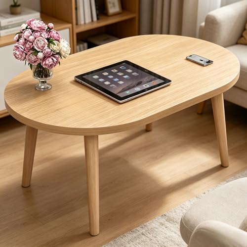 23.6" Small Coffee Table for Small Space, Mini Low Oval Coffee Table | with 4 Solid Wood Leg, Floor Table Desk for Sitting on The Floor, Side Tea Table for Living Room Apartment, Oval Brown - color: 23.6"l Oval Natural