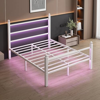 CLIBFENG Queen Size Bed Frame with Headboard and Footboard,Steel Slats Support-LED Bed Frame with USB Charging Station,Mattress Foundation-Under Bed Storage,No Box Spring Needed,Noise Free,White - size: Queen, style: White