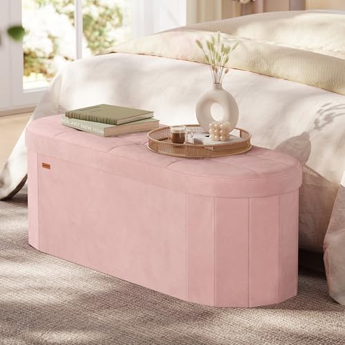 SONGMICS Mazie Collection - Folding Ottoman with Storage, Oval Storage Ottoman Bench, for Living Room, Bedroom, Velvet Fabric, 15 x 43 x 15 Inches, Jelly Pink ULSF297SA01 - color: Jelly Pink, size: 15"D x 43"W x 15"H, style: Oval