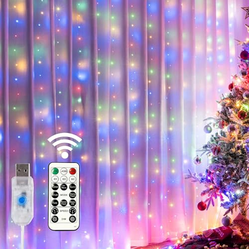HOME LIGHTING Window Curtain String Lights, 300 LED 8 Lighting Modes Fairy Copper Light with Remote, USB Powered Waterproof for Christmas Bedroom Party Wedding Home Garden Wall Decorations, Multicolor - color: Multicolor