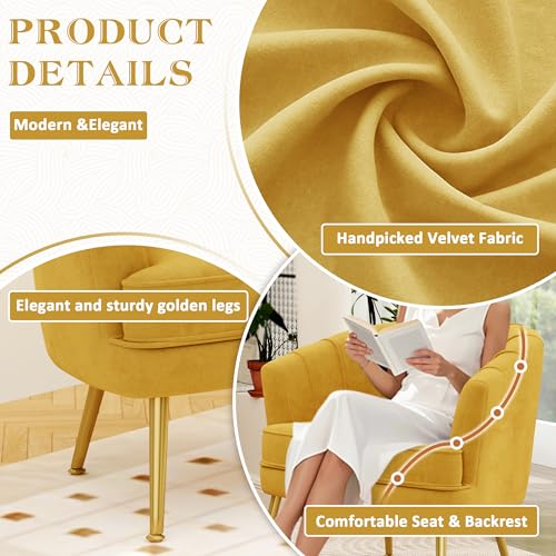 Velvet Accent Chair Set of 2, Barrel Armchair, Yellow | Velvet Upholstery, Golden Metal Legs, Comfy Barrel Back, Modern Style, Living Room Bedroom Office - color: Yellow, size: 2 Chairs
