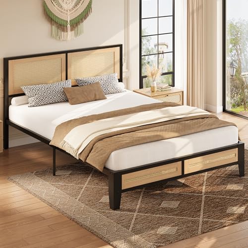 LIKIMIO Full Rattan Bed Frame with Headboard, Boho Metal Platform Bed | Rattan headboard, 650 lb support, metal slats, EVA pads, 9.8-inch underbed clearance, no box spring needed. - size: Full