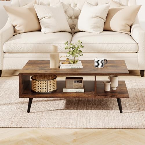 GOFLAME Wood Coffee Table, 2-Tier Mid Century Modern Center Table with 2 Open Storage Compartments & Metal Legs, Rectangular Accent Tea Tables for Living Room, Home Office, Apartment, Rustic Brown - color: Rustic Brown