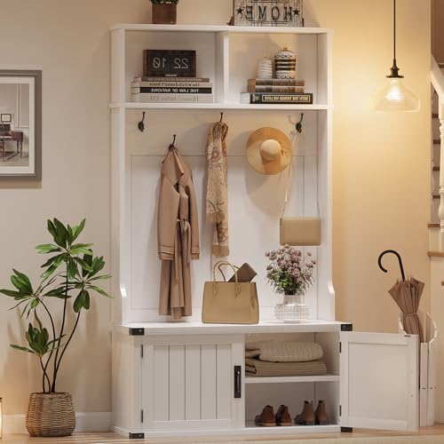 IDEALHOUSE 76" Hall Tree with Bench and Shoe Storage, Farmhouse 4-in-1 Entryway with Coat Rack & 5 Tri-Hooks, Adjustable Shelf, White Mudroom Bench with Storage Seating, Space Saving, White - size: 39"W