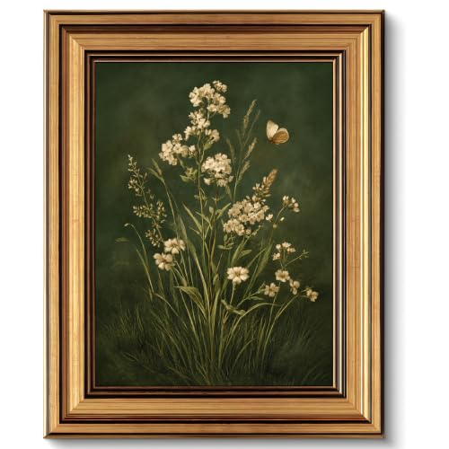 Vintage Gold Framed Wall Art, Dark Green Botanical Floral Art Print, Simple White Wildflower Canvas Wall Decor Painting Pictures, Plant Artwork Print for Bedroom Living Room and Office - color: Dark Green Floral, size: 12" x 16"