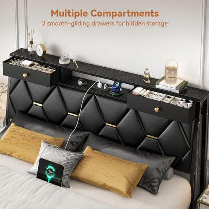 FreeHouse Full Size Bed Frame with Headboard & Storage, All Metal Structure | PU Leather Upholstered Bed Frame Full Size with Charging Station, Diamond Tufted, Gold Accents, No Box Spring Needed, Black - color: Black, size: Full