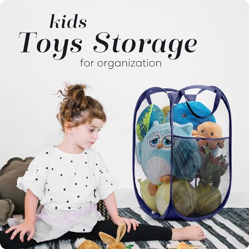 Handy Laundry Collapsible Mesh Foldable Hamper 14" x 14' x 24" Navy Blue | Collapsible Mesh Pop Up Hamper, Wide Opening, Side Pocket, Breathable, Sturdy, Foldable, Space-Saving for Clothes Storage - color: Blue