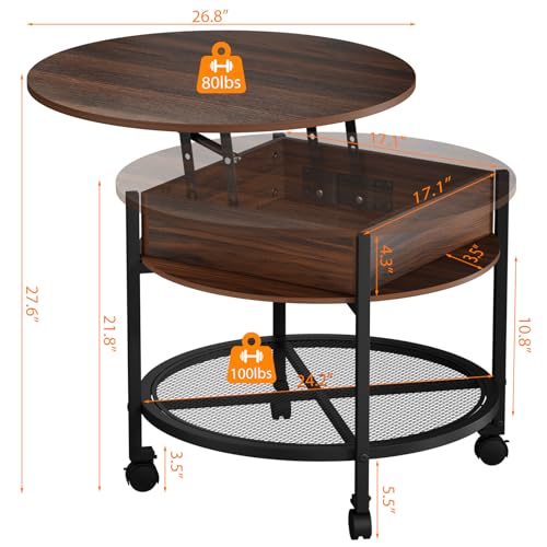 VINGLI 27" Round Lift Top Coffee Table with Wheels & Lights, Walnut | Removable Coffee Table with Hidden Compartment Storage & Metal Shelf, Small Farmhouse Coffee Tables for Living Room, Office - color: Walnut
