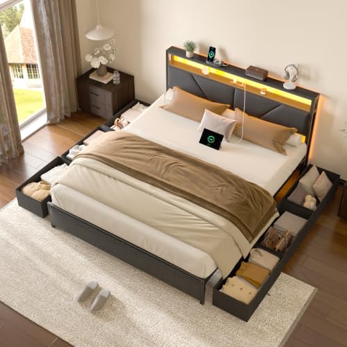 Queen Bed Frame with Storage Headboard, 6 Drawers, LED & Charging | 2-Tier Fabric Upholstered Headboard, Charging Station&RGB Lights, No Box Spring Needed, easy assembly, Noise-Free - color: Dark Gray, size: Queen
