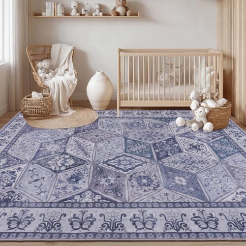 Moroccan Washable Area Rug 4x6 Vintage Patchwork Rug for Bedroom, Blue/Grey | Distressed Geometric Floral Nursery Rug, Non Slip Low Pile Boho Carpet for Office Dorm Entryway - color: Blue/Grey, size: 4x6 Feet
