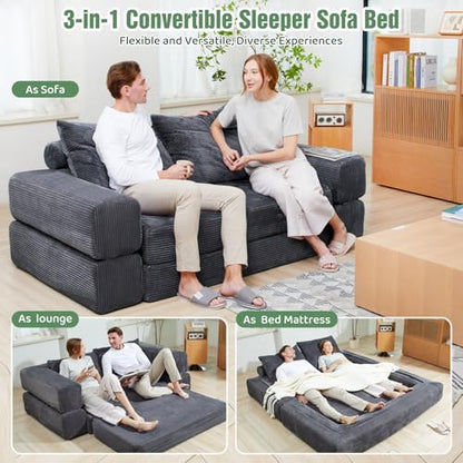 75" Convertible Sofa Bed, Fold Out Couch Bed Futon Sleeper Mattress with Pillows,3-in-1 Foldable Floor Couch Convertible Futon Sofa for Small Spaces - No Assembly Needed Dark Gray - color: Dark Gray