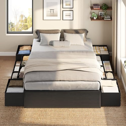 ADORNEVE Full Size Bed Frame with 12 Storage Drawers, Metal Platform Bed | Black Bed Frame with Steel Slat Support and Footboard for Boys/Teen/Adult, No Box Spring Needed, Easy Assembly, Noise-Free - size: Full-12 Drawers