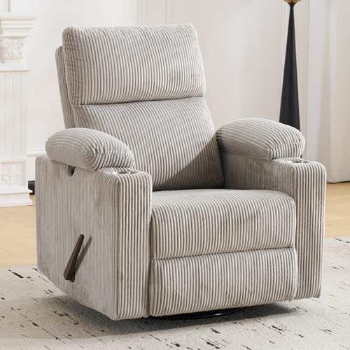 Swivel Rocker Recliner with Adjustable Armrests, Rocking Nursery Chair with Adjustable Headrest, Cup Holder, Manual Recliner Nursing Chair, Corduroy Grey - color: Corduroy Grey, size: Manual Recliner
