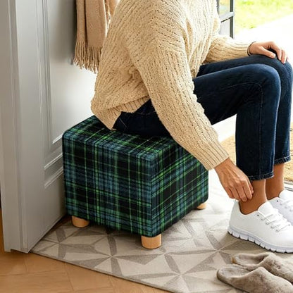 Green Scottish Tartan Print Ottoman Cover Square, Folding Storage Ottoman Slipcovers Jacquard Stretch Cube Footrest Foot Stool Covers Protector with Elastic Band - color: Green Scottish Tartan