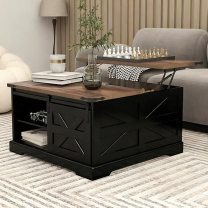 TaoHFE Black Lift Top Coffee Table with Storage,Rustic Black Farmhouse Coffee Table, Square Storage Compartment and Adjustable Shelves Coffee Tables for Living Room - color: Black