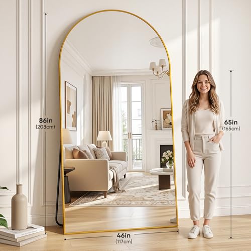 46"×86" Arched Full Length Floor Mirror, Standing Mirror with Aluminum Frame, Large Body Mirror of Free Standing/Wall Mount/Leaning for Bedroom, Living Room, Dressing Room, Gold - color: Gold, size: 86"L x 46"W