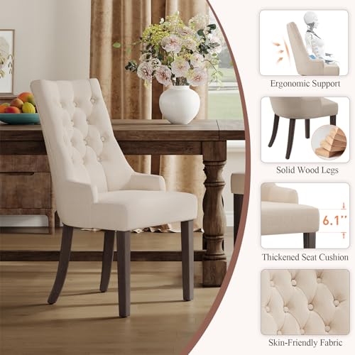 COLAMY Fabric Side Dining Chairs Set of 2, Wingback Upholstered Dining Room Chairs with Tufted Button, Living Room Chairs for Home Kitchen, Beige - color: Beige, size: Set of 2