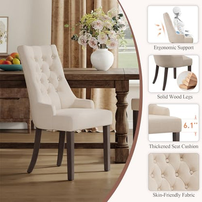 COLAMY Fabric Side Dining Chairs Set of 2, Wingback Upholstered Dining Room Chairs with Tufted Button, Living Room Chairs for Home Kitchen, Beige - color: Beige, size: Set of 2