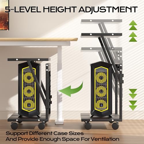 24In Large PC Stand, 5 Levels Height Adjustable Computer Tower Stand with Wheels and Hooks, CPU Holder Cart for Floor, Carpet and Under Desk, Easy Assembly（NOT Including Power Strips） - color: Black