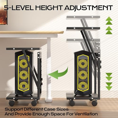 24In Large PC Stand, 5 Levels Height Adjustable Computer Tower Stand with Wheels and Hooks, CPU Holder Cart for Floor, Carpet and Under Desk, Easy Assembly（NOT Including Power Strips） - color: Black