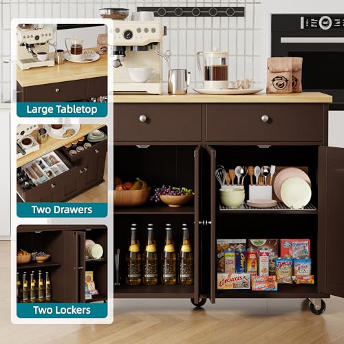 Shintenchi Kitchen Island with Drop Leaf, Rolling Kitchen Cart with Storage on Wheels, Table Bar Cart for Kitchen with Towel Rack & Seating Area for Dining Room, Brown - color: Brown