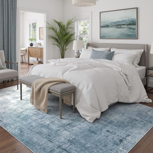 DCX Washable Abstract Area Rug 5x7, Non Slip Low Pile Rug, Blue | Easy to clean, non-shedding, soft, kid & pet friendly, with a non-slip rubber backing for living rooms, bedrooms, and offices - color: Blue, size: 5' x 7' (Rectangular)