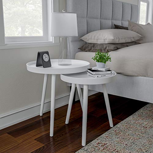 Nesting Side Tables - Set of 2 Round End Tables for Living Room, Bedroom, or Home Office - Accent Table Set with Tray Tops - Mid-Century Modern Living Room Furniture by Lavish Home (White)