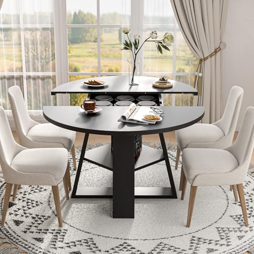 43.3"-59" Extendable Round Oval Dining Table for 4-8 with Storage Shelf | Modern Kitchen Oval Dining Table with Removable Leaves,Space Saving Extendable Table Wood Base for Kitchen Living Room BLack - color: Black