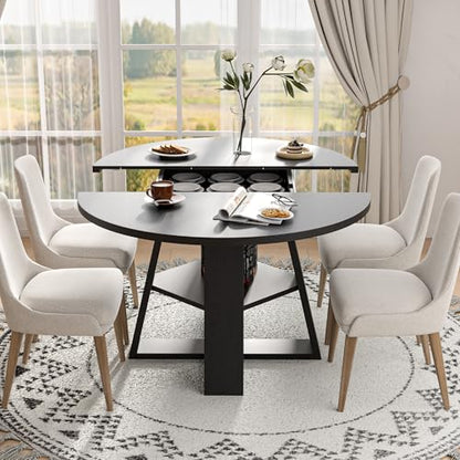43.3"-59" Extendable Round Oval Dining Table for 4-8 with Storage Shelf | Modern Kitchen Oval Dining Table with Removable Leaves,Space Saving Extendable Table Wood Base for Kitchen Living Room BLack - color: Black