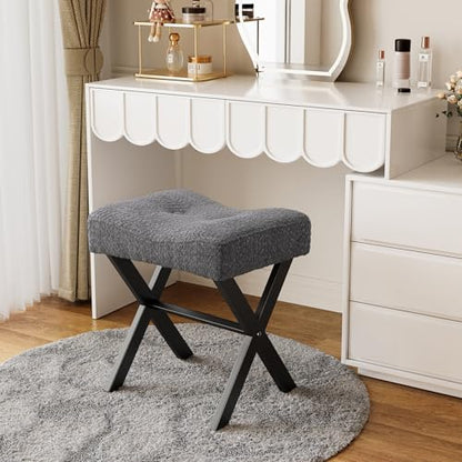18-Inch Vanity Stool Chair, Gray Makeup Stool | Teddy Flannel Vanity Bench, Metal X-Leg, 300 LBS, 16.3"x12.4"x18", Ottoman Accent Stool, Breathable Soft Saddle Seat - size: Small, style: Gray Fabric