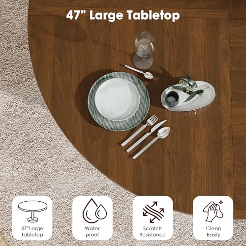 IDEALHOUSE 47 Inch Round Dining Table for 4, Walnut | With 2-Tier Shelf and Wood Slide Door, Pedestal Dinner Table Space Saving, T-Shape Base, Dining Room, Classic Walnut Finish - color: Walnut