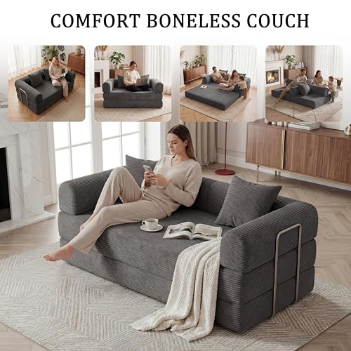 59" Boneless Couch,4-in-1 Futon Sofa Bed Modular Loveseat Sleeper Folding Compressed Couch with Pillows,No Assembly Required Convertible Sofa Bed for Living Room Bedroom Guest Room,Grey - color: Grey, size: 59.06" Loveseat Sofa